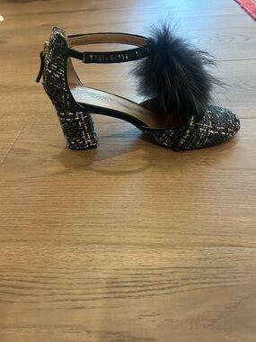 bettye muller Black Tweed Ankle-Strap Heels with Pom Detail 3 inch heel